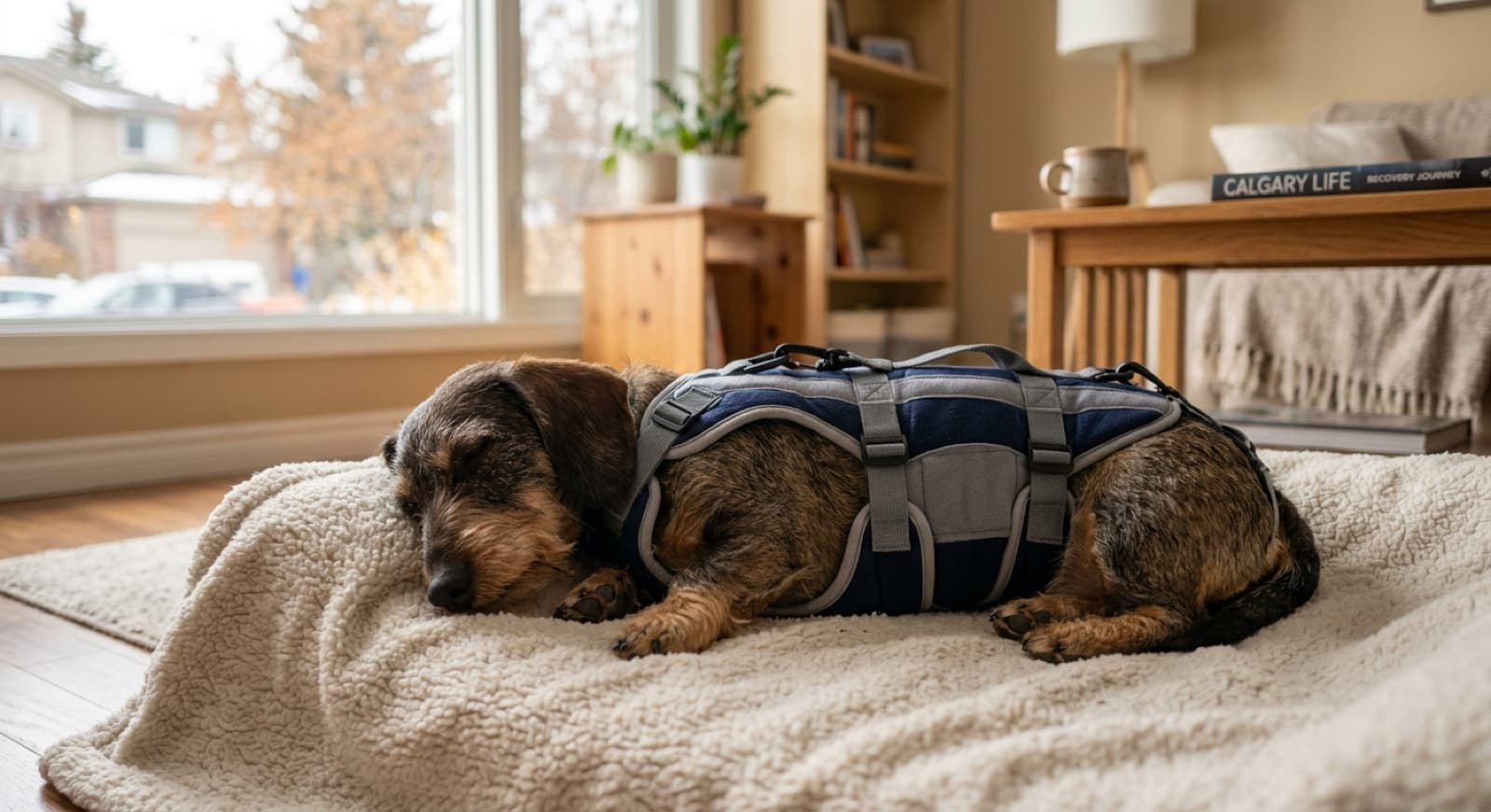 A Dachshund resting on a soft bed inside a recovery crate in a Calgary home, looking calm during strict crate rest.
