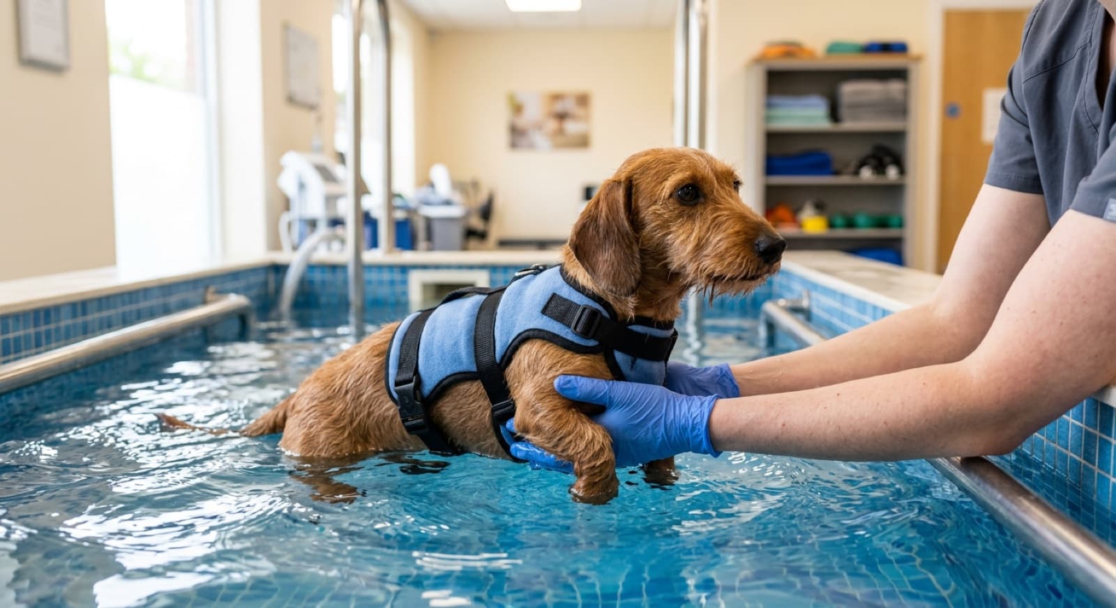 A Dachshund walking on an underwater treadmill during hydrotherapy at a Calgary canine rehab clinic.
