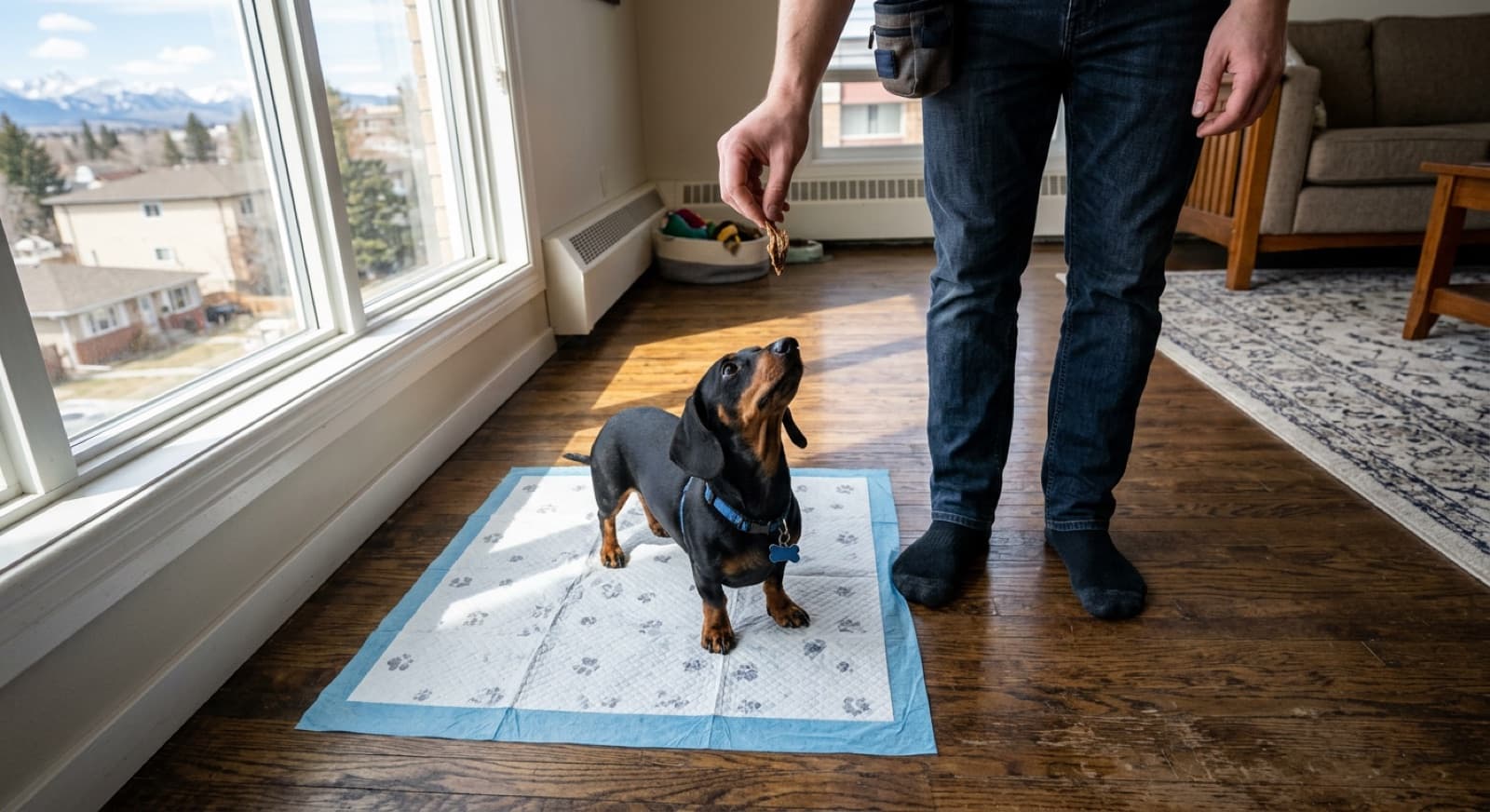 A standard Dachshund standing near a back door in a Calgary home, looking up at its owner, illustrating the subtle signals Dachshunds use when they need to potty