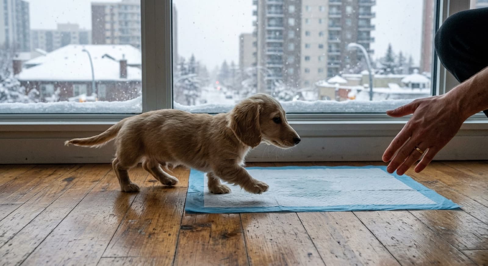 A small Dachshund standing on a fresh pee pad in a Calgary apartment, with a treat being offered as a reward for using the pad correctly