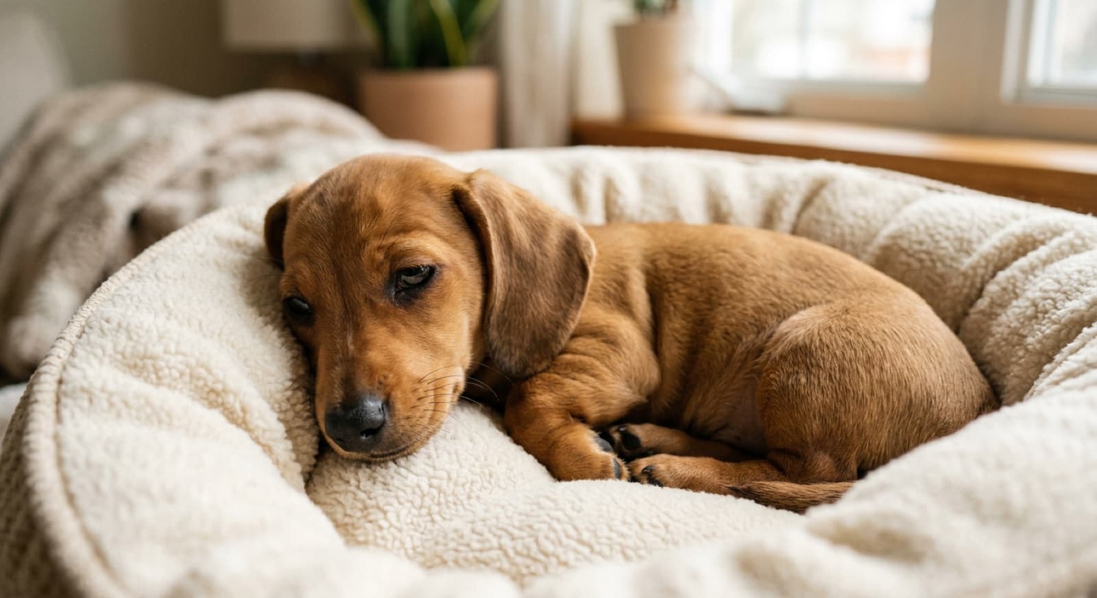 A miniature Dachshund puppy looking up at the camera in a Calgary home, illustrating the rarity and high demand of Doxie puppies in local rescue