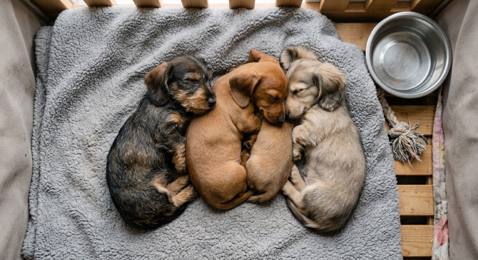A litter of young Dachshund and Dachshund-mix puppies in a foster home setting, illustrating that mix puppies appear more often than purebreds in Calgary rescue