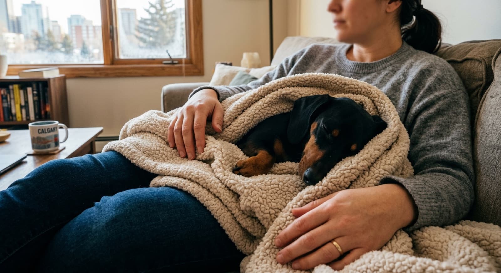 A Dachshund curled up under a blanket next to its owner on a Calgary couch, showing the breed's velcro bond and need for a ramp to safely get on and off furniture