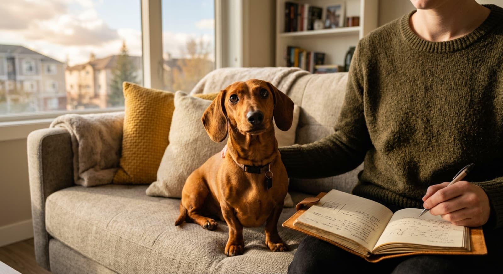 A standard smooth-coat Dachshund standing alert on a Calgary living room rug, showing the breed's long back, short legs, and confident posture