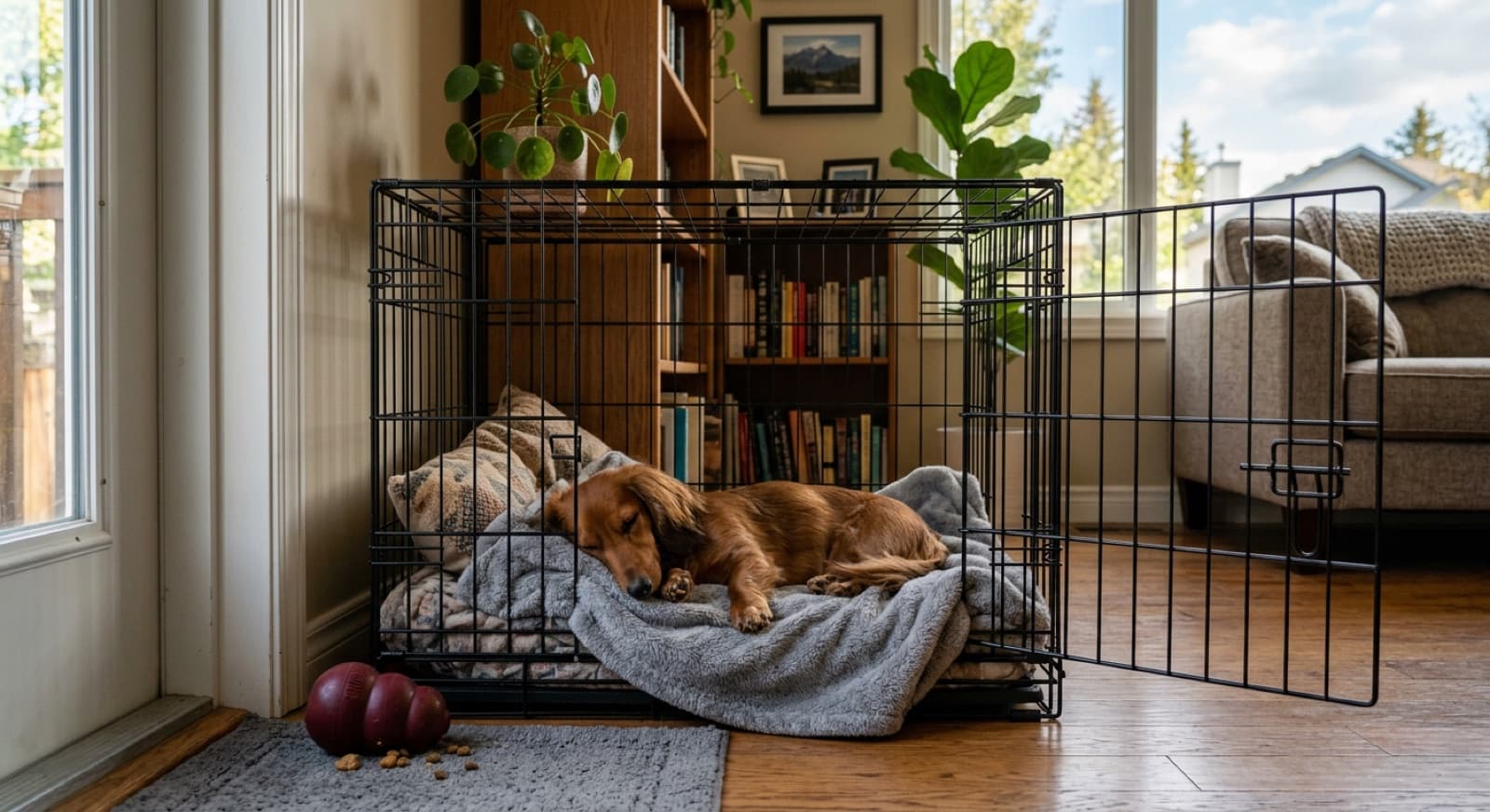 A Dachshund resting in an open crate with a cozy blanket and a chew toy, showing positive crate conditioning for separation anxiety