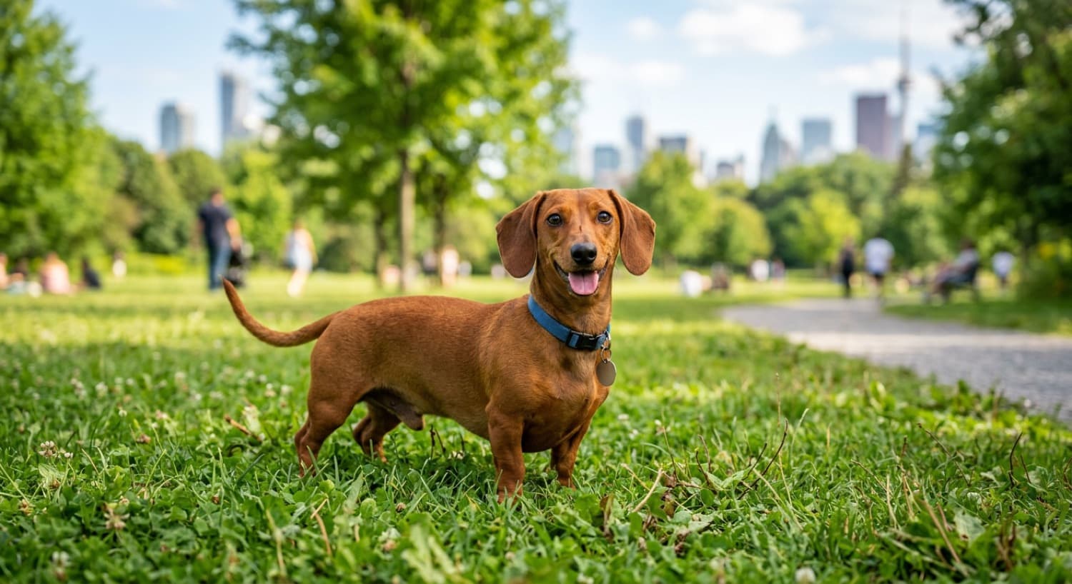 An alert, characterful Dachshund on a walk in a Toronto park