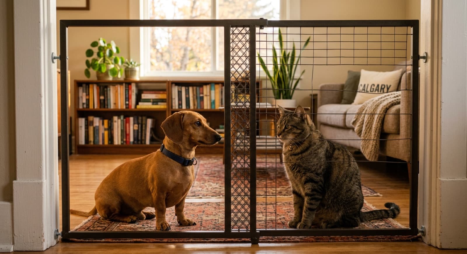 A Dachshund and a tabby cat sitting on opposite sides of a baby gate in a Calgary apartment, both calm and observing each other, demonstrating the gated introduction phase