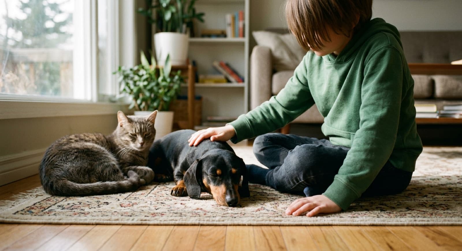 A standard red Dachshund resting calmly on a Calgary living room couch beside a school-age child reading a book, demonstrating a calm respectful household setup