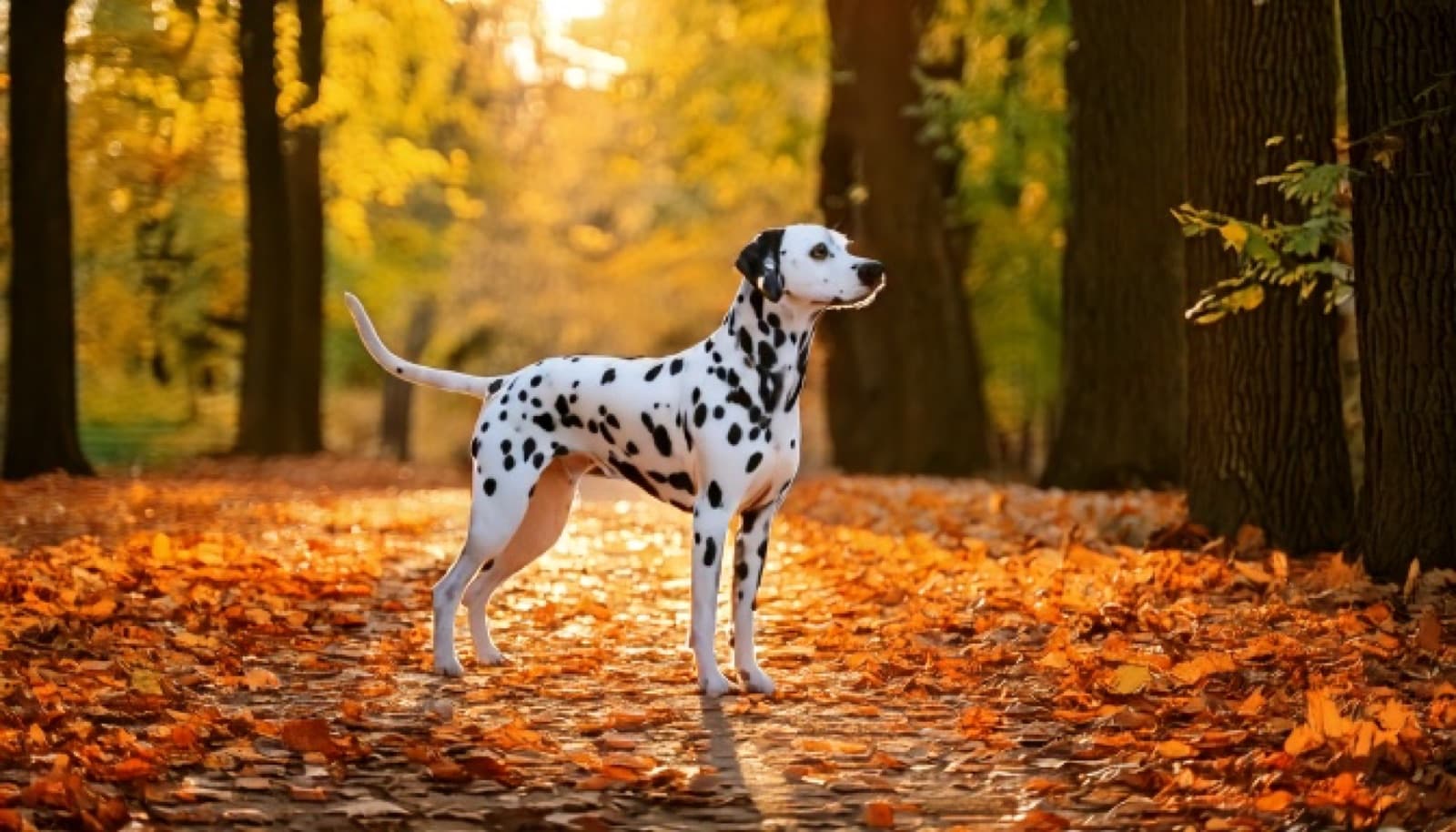 A spotted Dalmatian on an autumn Ottawa trail