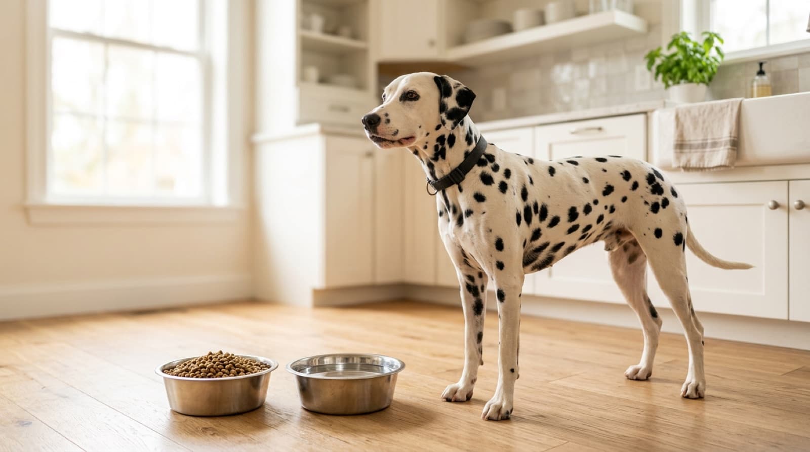 Dalmatian standing beside a bowl of food in a bright home kitchen