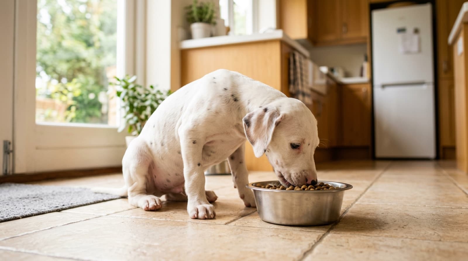 Dalmatian puppy eating from a bowl on a home kitchen floor