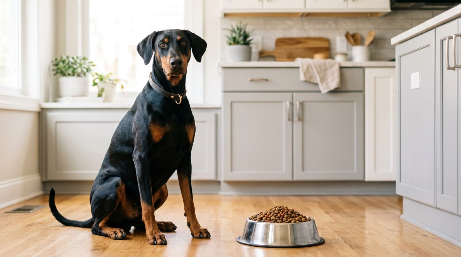 Doberman sitting beside a bowl of kibble in a bright home kitchen