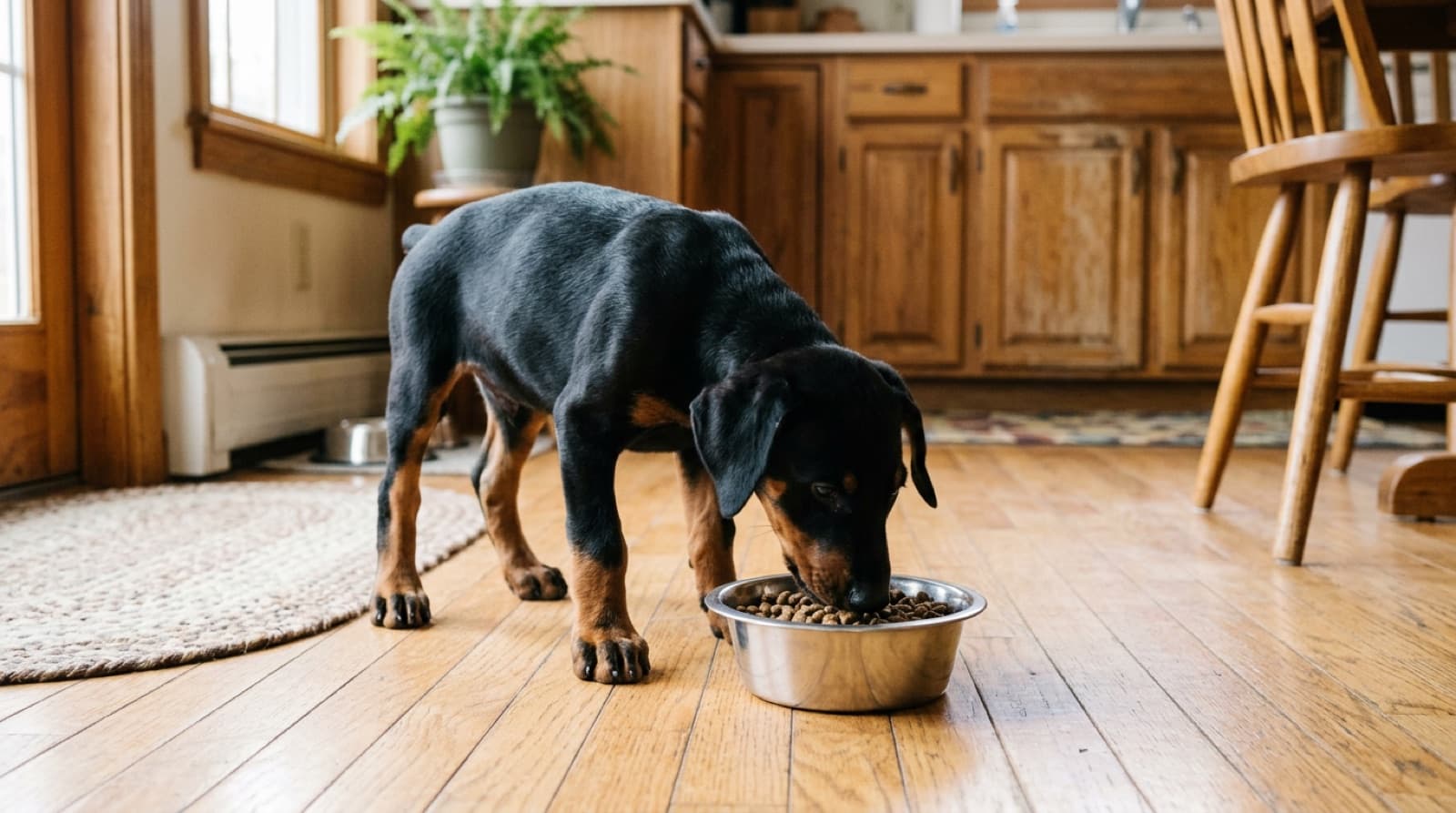 Doberman puppy eating from a stainless steel bowl on a home kitchen floor