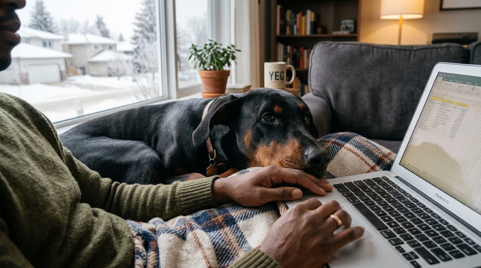 A Doberman pressed close to its owner on an Edmonton living room couch, resting its head on the owner's lap while the owner works on a laptop, illustrating healthy velcro behaviour