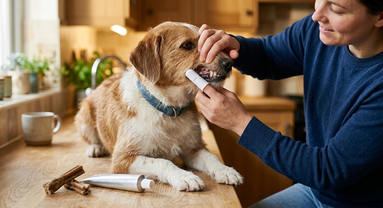A calm dog sitting while its owner gently lifts the lip and brushes the side teeth with a dog finger-brush, with dog toothpaste and dental chews nearby
