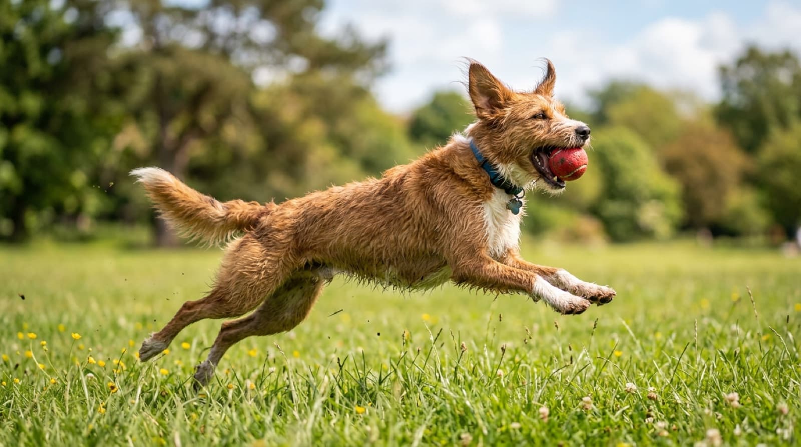 A dog mid-run catching a ball in an open green field, full of energy