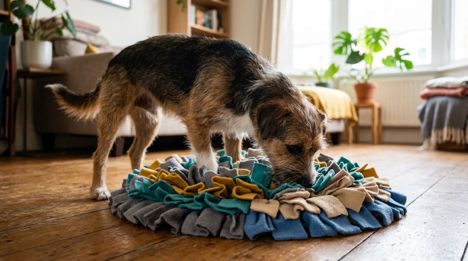 A dog nosing through a snuffle mat foraging for hidden kibble on the floor of a home