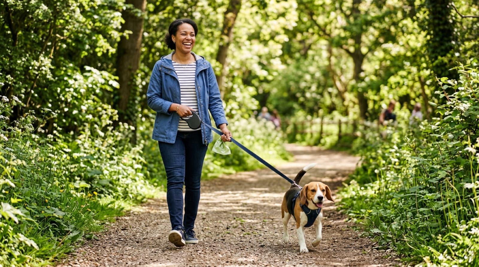 A person walking a healthy dog on a leash in a green park, waste bag in hand