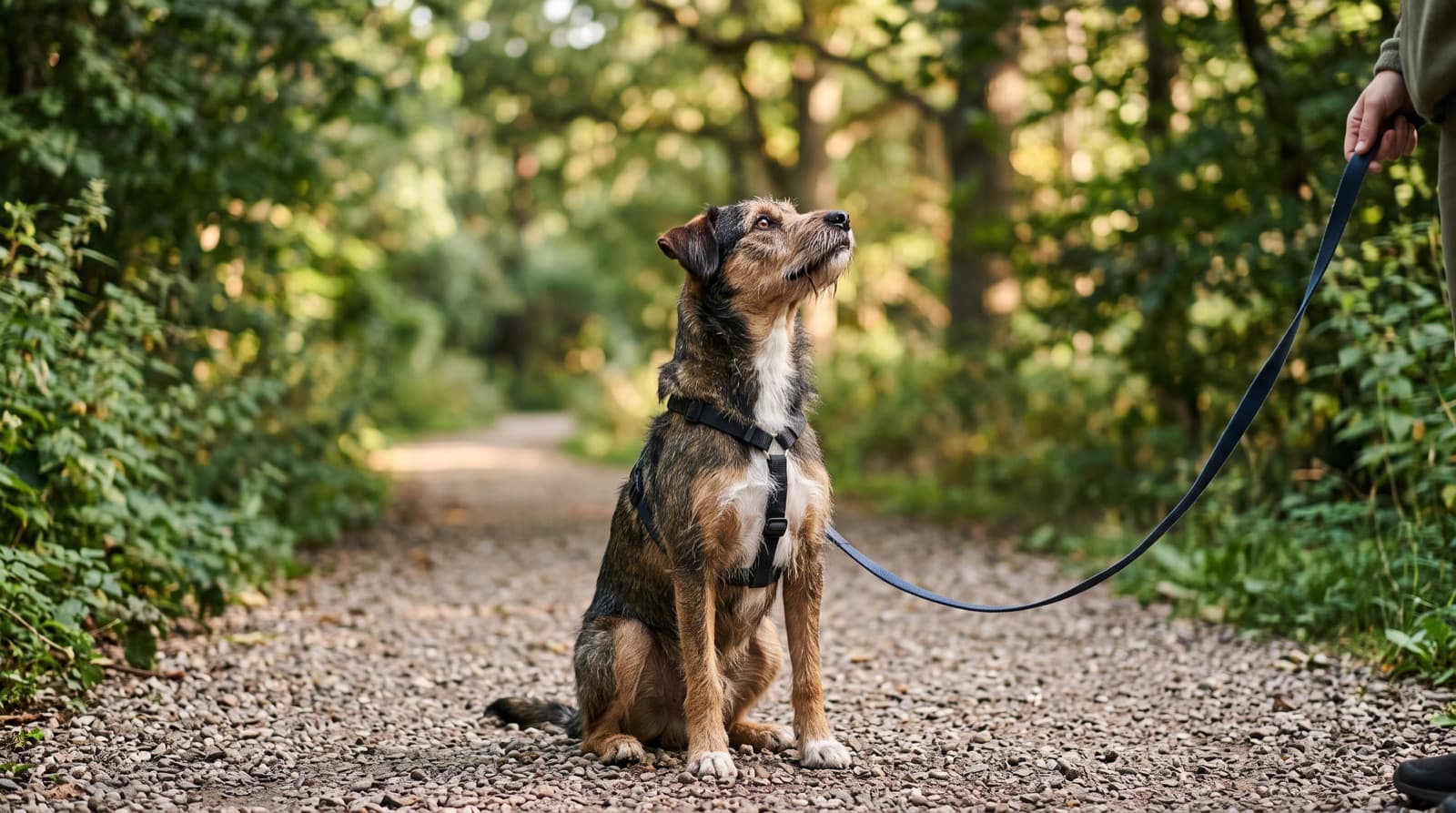 A calm adult mixed-breed dog sitting attentively beside its owner on a walking path