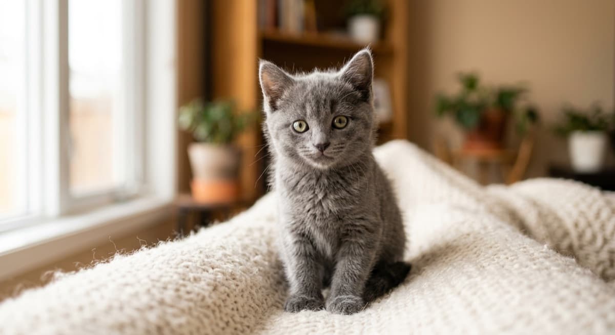 A young solid grey Domestic Shorthair kitten with bright eyes sitting on a soft blanket in a warm Calgary home, the kind of grey DSH kitten adopters search for specifically