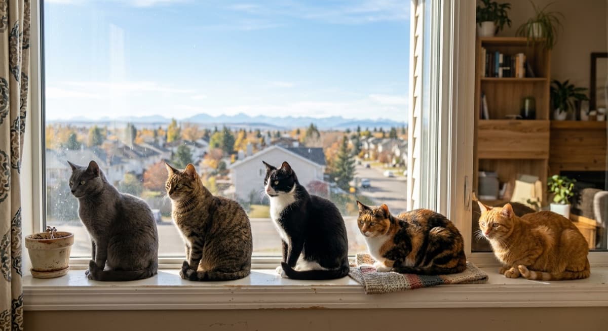 A row of Domestic Shorthair cats in different colours and patterns side by side, a grey cat, a brown tabby, a black-and-white tuxedo, a calico and an orange cat, all sitting on a sunny Calgary windowsill