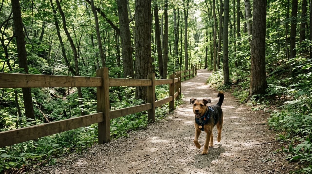 A dog in the fenced forest off-leash loop at Don Valley Brick Works Park, Toronto