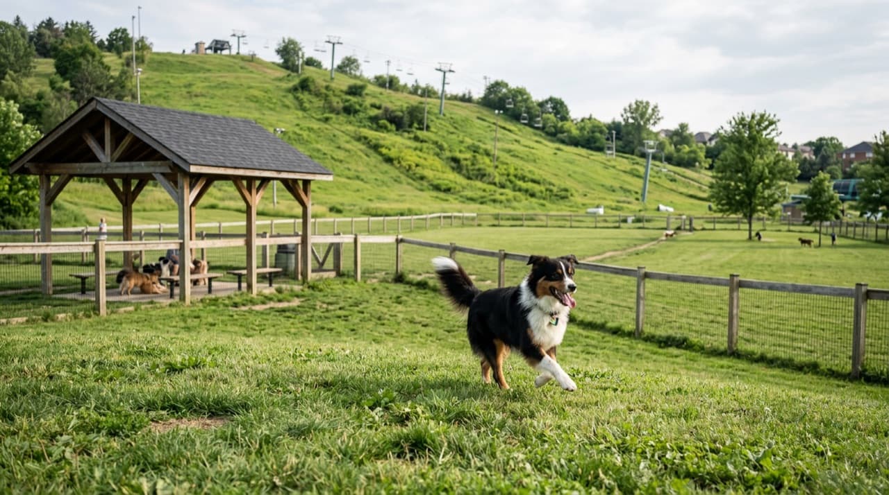 Dogs in the large fenced off-leash field at Earl Bales Park, North York, Toronto