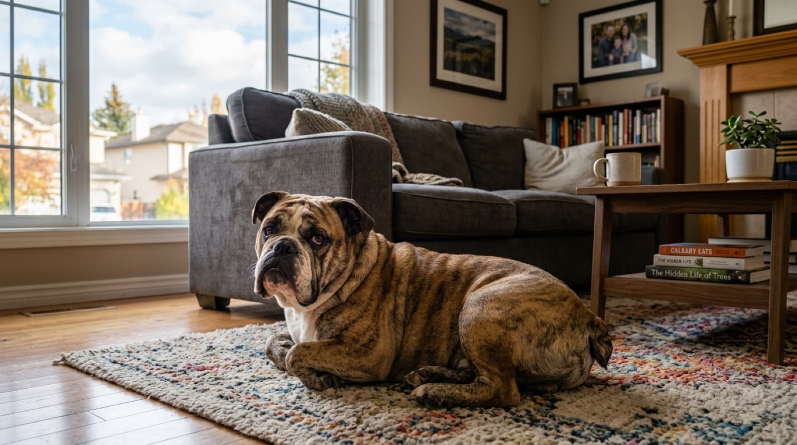 English Bulldog resting on a Calgary couch, calm and dignified