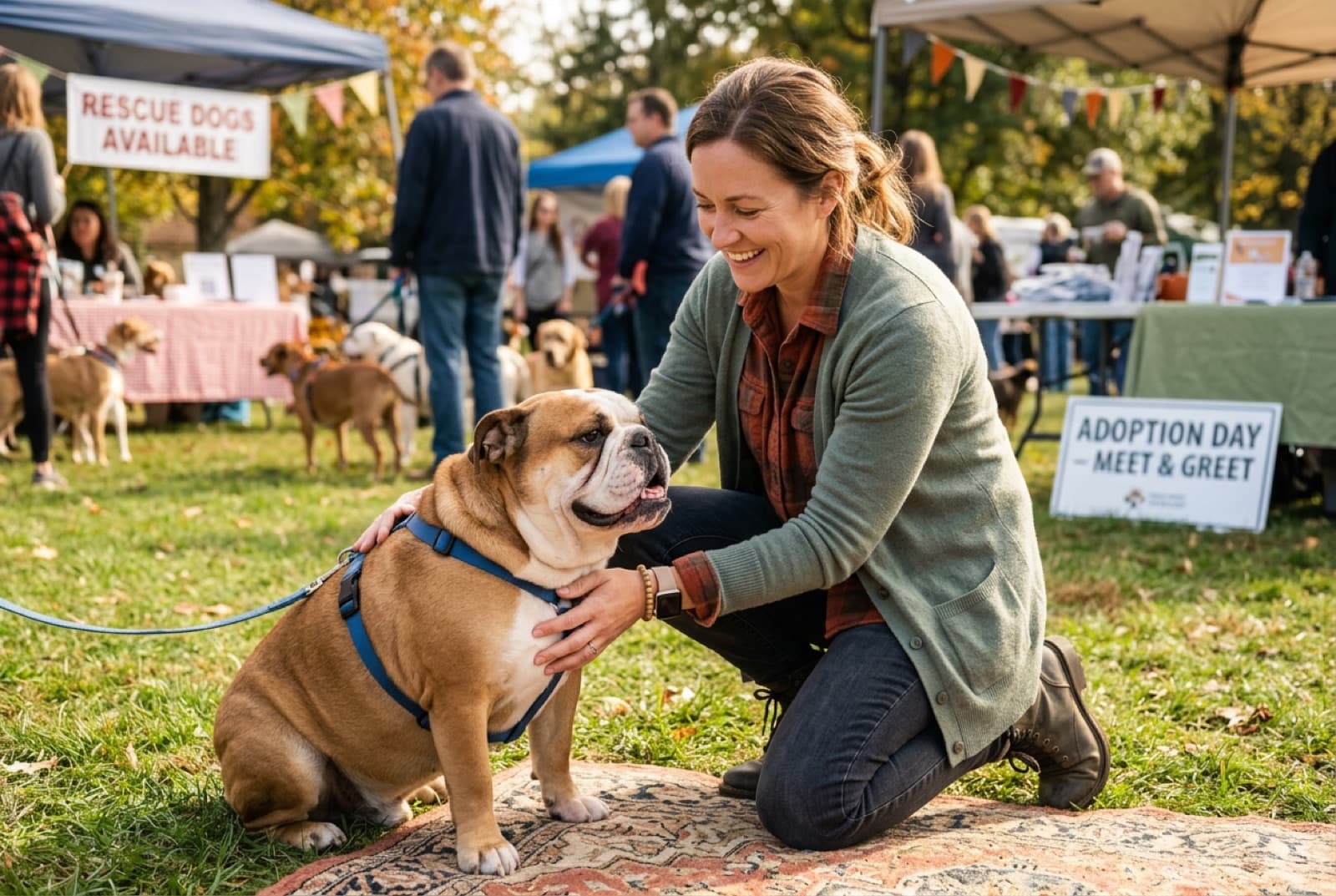 Calgary rescue English Bulldog with a foster volunteer, sitting on a cool floor in summer