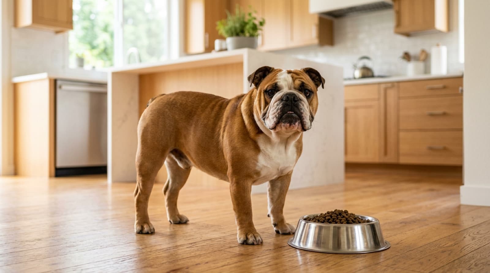 English Bulldog beside a bowl of food in a bright home kitchen