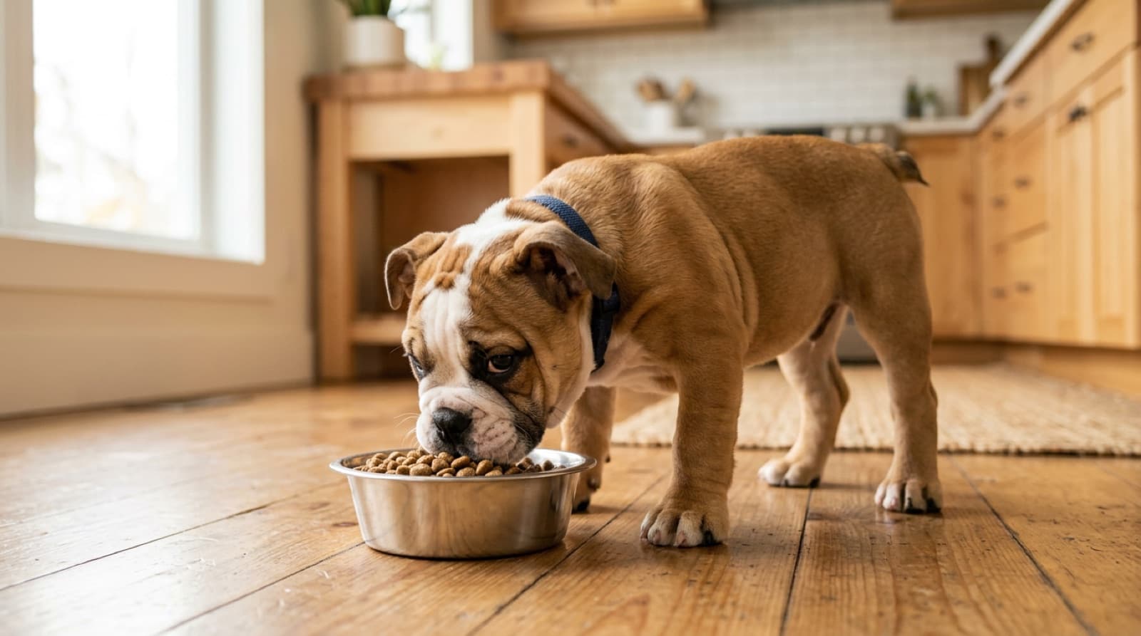 English Bulldog puppy eating from a bowl on a home kitchen floor