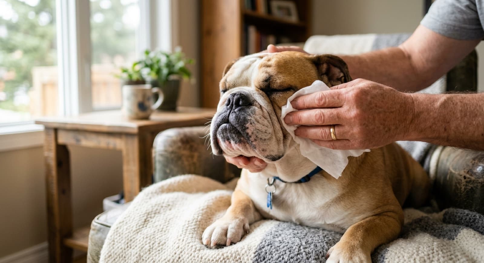 An English Bulldog having its facial skin folds gently cleaned with a vet-approved chlorhexidine wipe by an owner in a Calgary home, illustrating the daily 5-to-10-minute skin-fold routine the breed requires