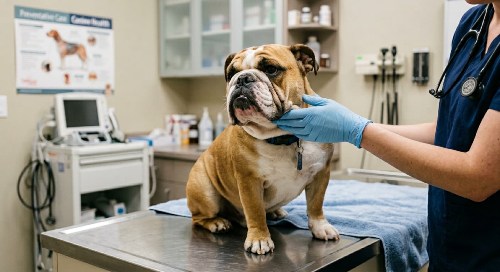 English Bulldog at a Calgary specialty veterinary clinic for a brachycephalic health workup
