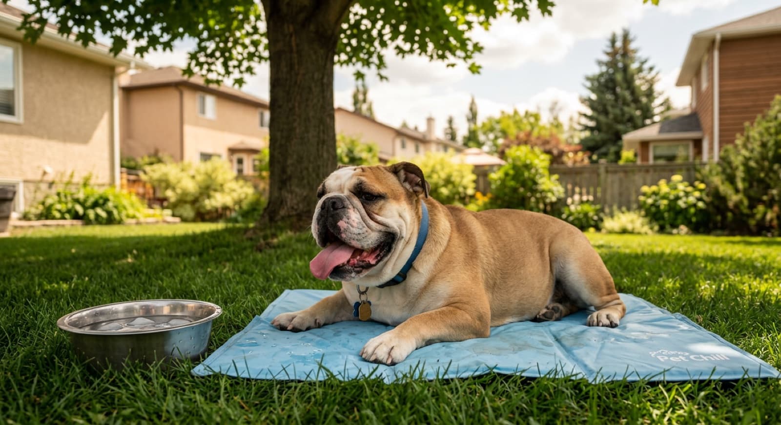An English Bulldog resting on a tile floor in front of a fan in a Calgary home during a summer afternoon, illustrating the indoor cooling setup that brachycephalic dogs need when outdoor temperatures exceed 22 degrees Celsius