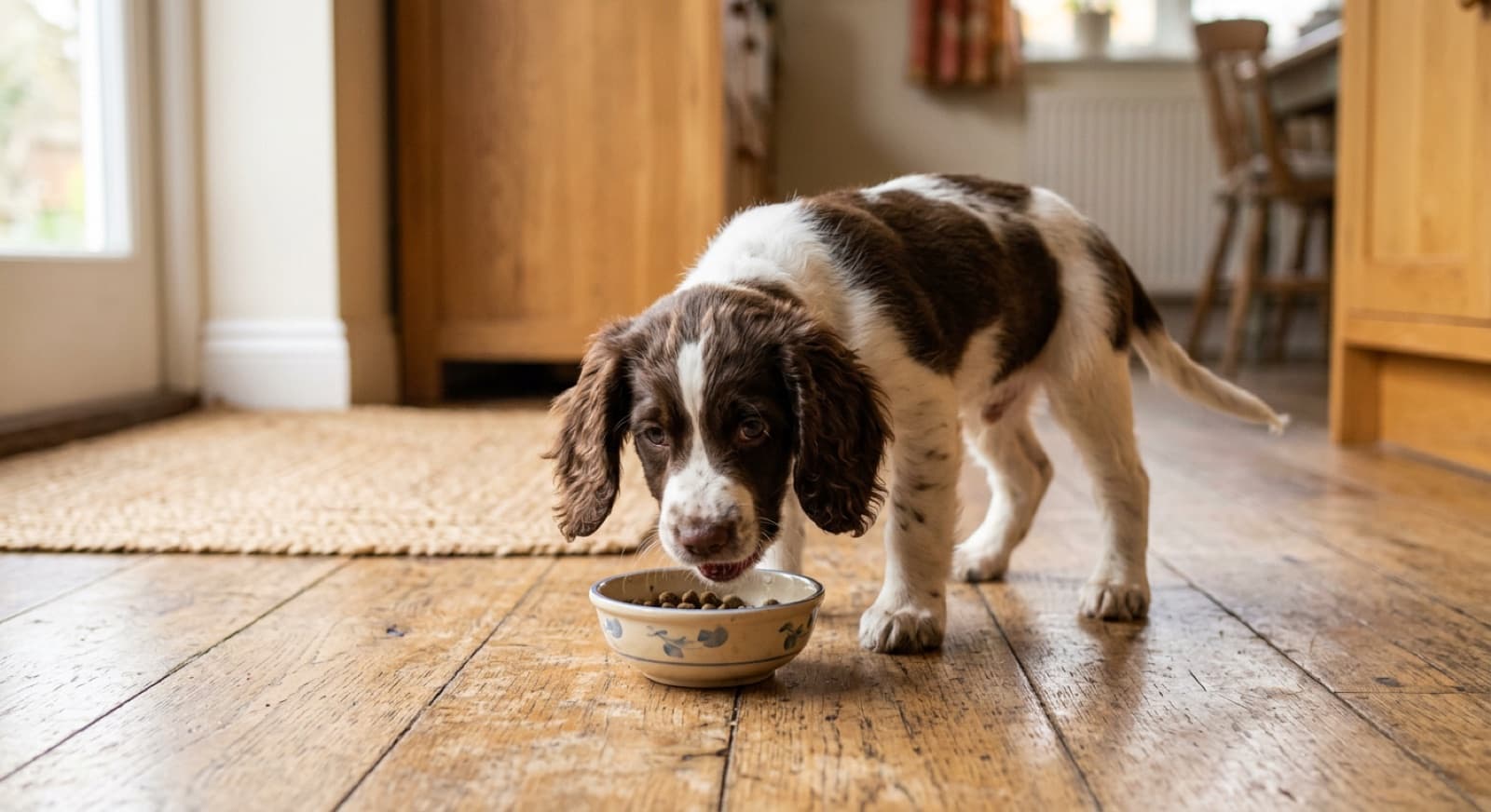 English Springer Spaniel puppy eating from a bowl on a home kitchen floor