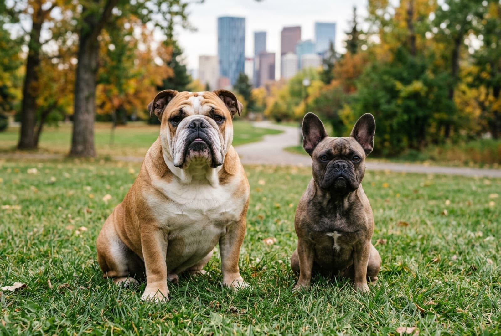 A calm English Bulldog and a playful French Bulldog photographed in a Calgary park, illustrating the temperament and size difference between the two breeds