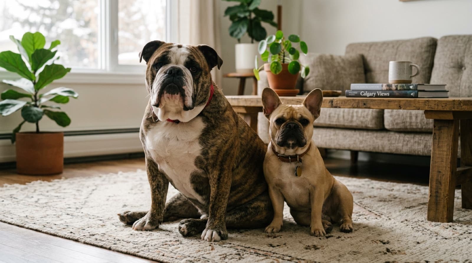 An English Bulldog and a French Bulldog sitting side by side in a Calgary home, showing the size and structural difference between the two breeds
