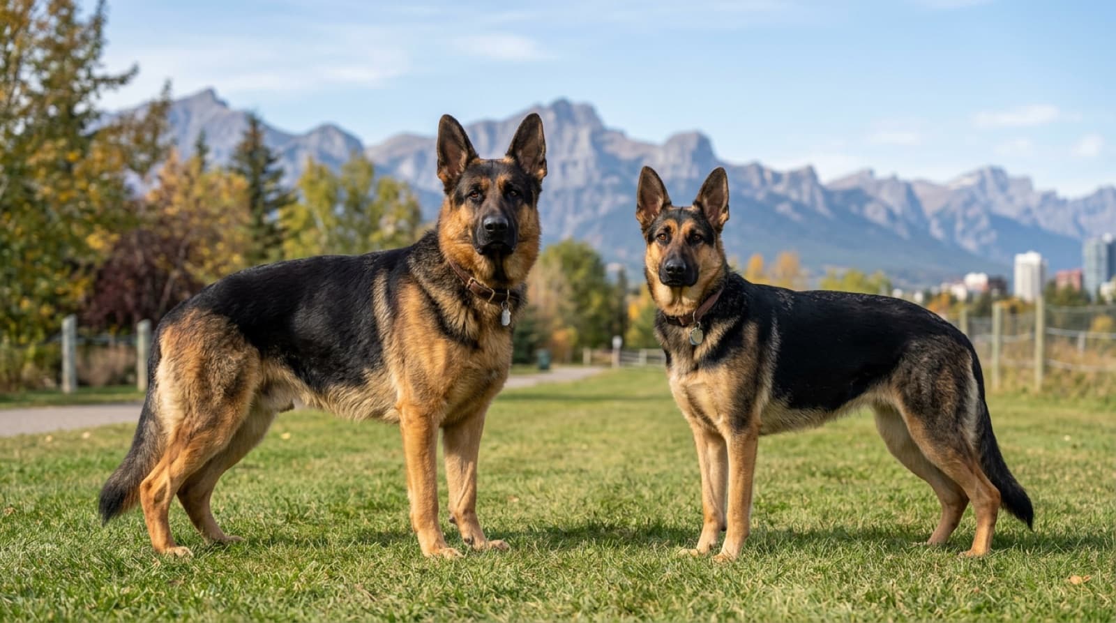 A male and female German Shepherd standing side by side in a Calgary park, illustrating size and structural differences between the sexes
