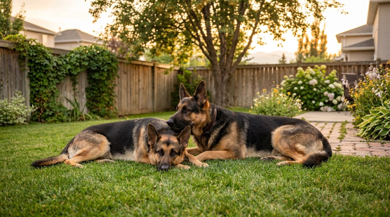 A female and male German Shepherd lying calmly together in a Calgary backyard, illustrating that opposite-sex pairings are the safest configuration in multi-GSD households