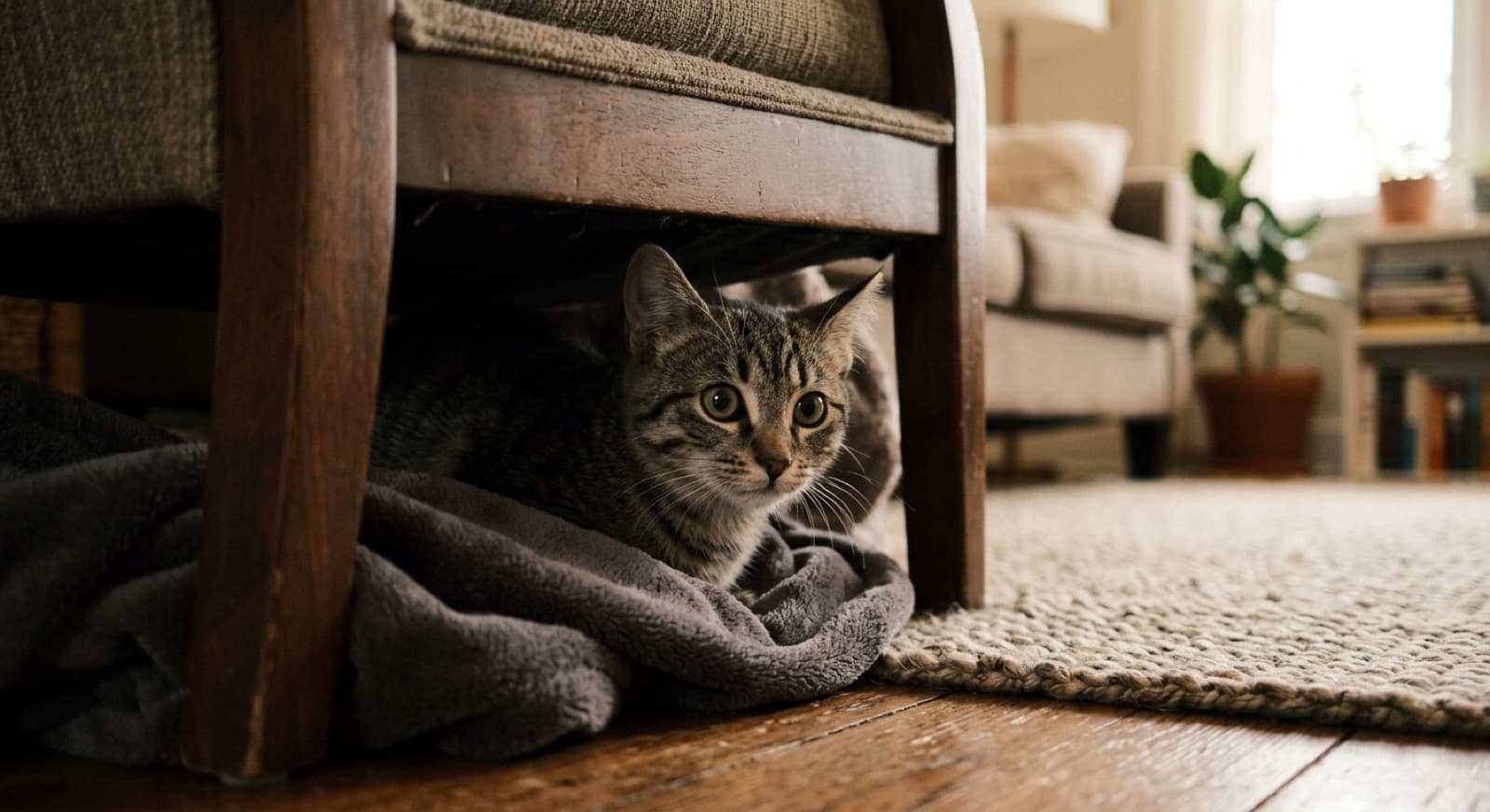 A shy newly adopted cat peeking from a cozy hiding spot in a Toronto home