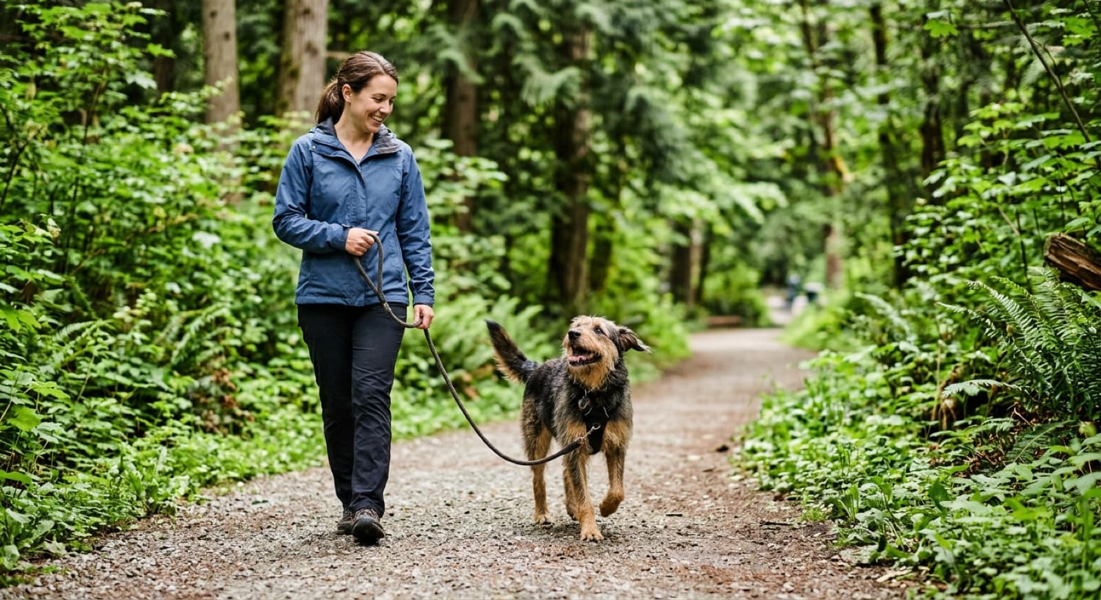 A happy rescue dog with its new owner on a Vancouver park path