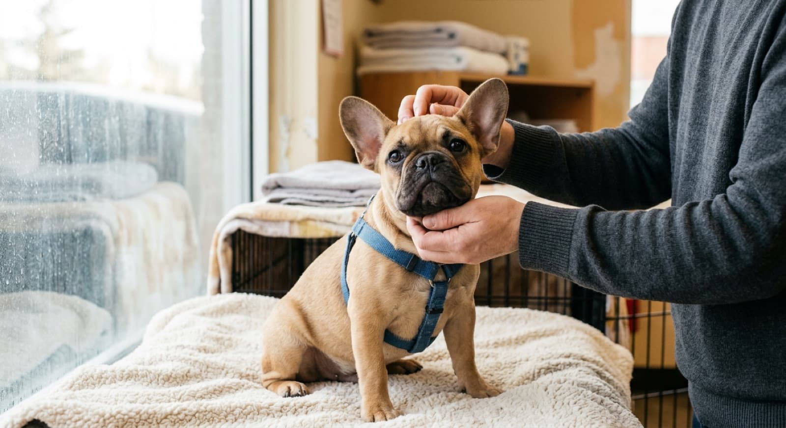 An adult French Bulldog sitting on a Calgary sidewalk, showing the short flat face and erect bat ears that define the breed and drive its BOAS health profile
