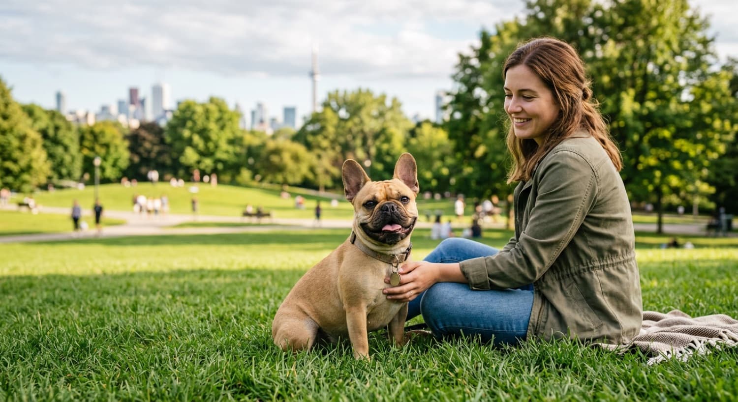A fawn French Bulldog with large bat ears sitting on a Vancouver apartment balcony