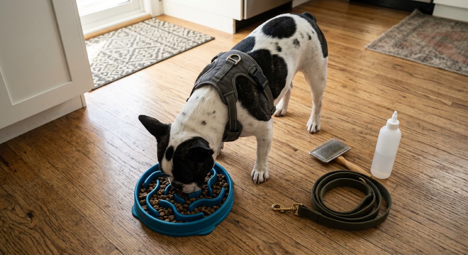 A French Bulldog on a short early-morning walk along a flat Calgary pathway with the owner monitoring breathing