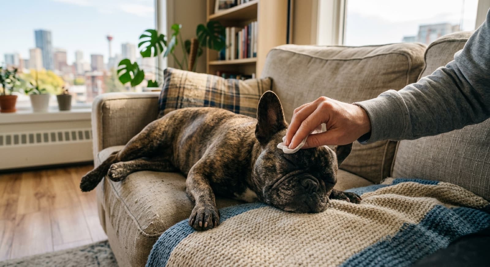 An adult French Bulldog resting on a cooling mat in an air-conditioned Calgary living room during summer