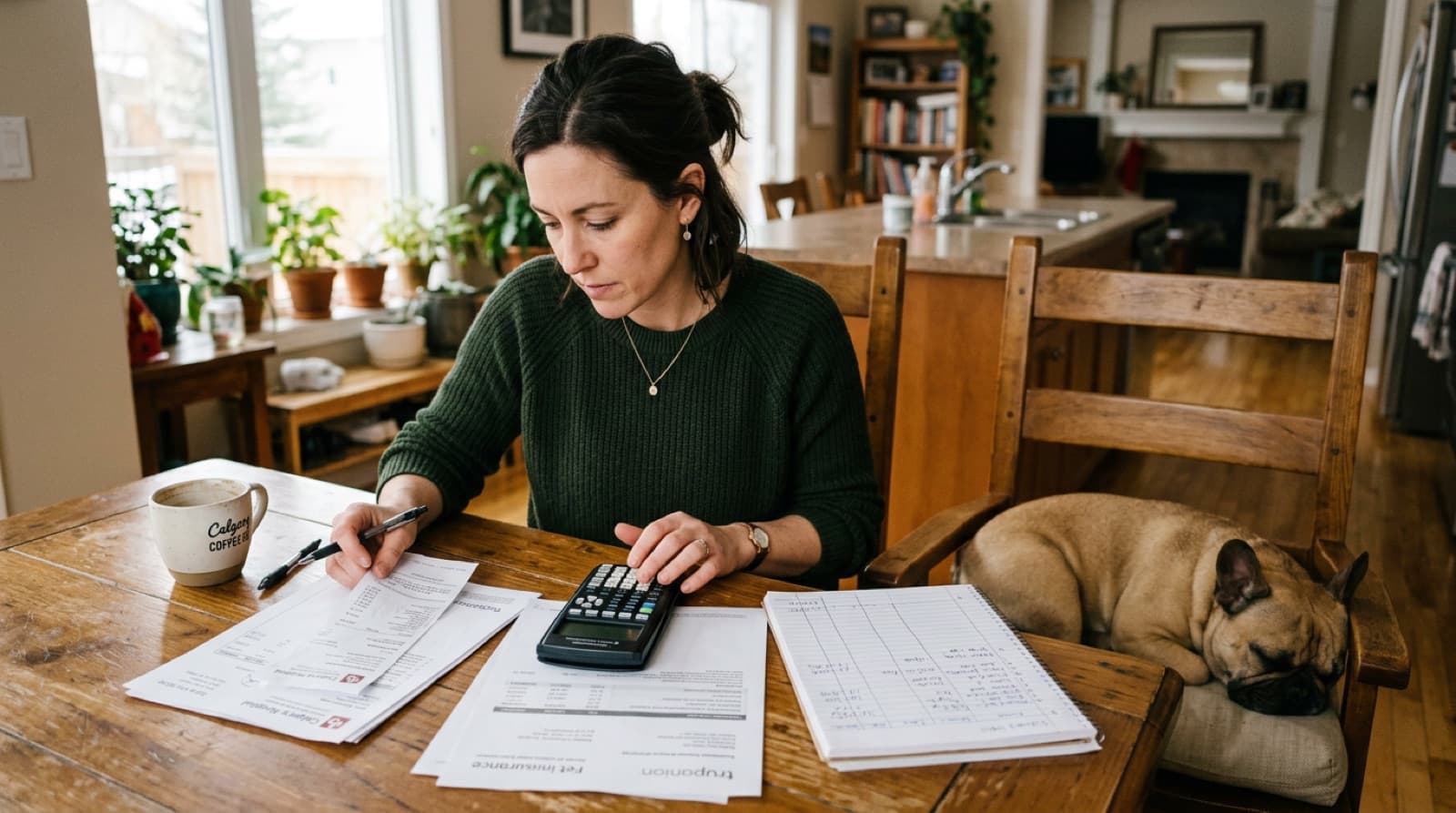 A French Bulldog owner reviewing pet insurance documents and vet receipts on a Calgary kitchen table