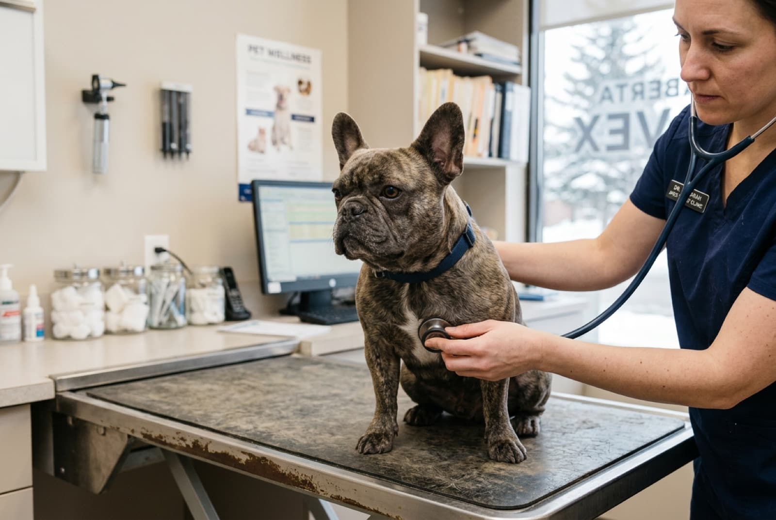 A French Bulldog at a Calgary veterinary clinic for a wellness visit