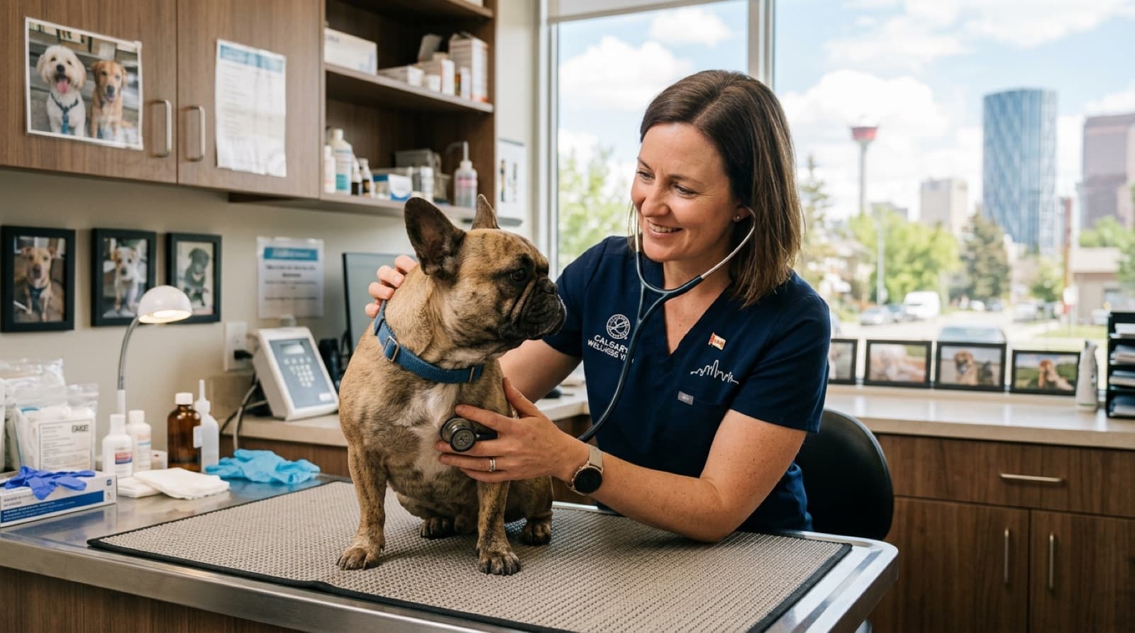 A French Bulldog at a Calgary veterinary clinic during a wellness visit, illustrating the medical reality of brachycephalic ownership