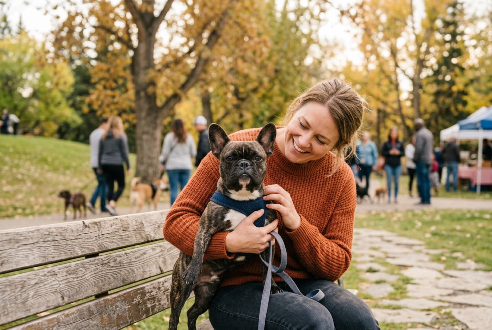 A rescue French Bulldog being adopted by a Calgary family, illustrating the most universally defensible Frenchie path