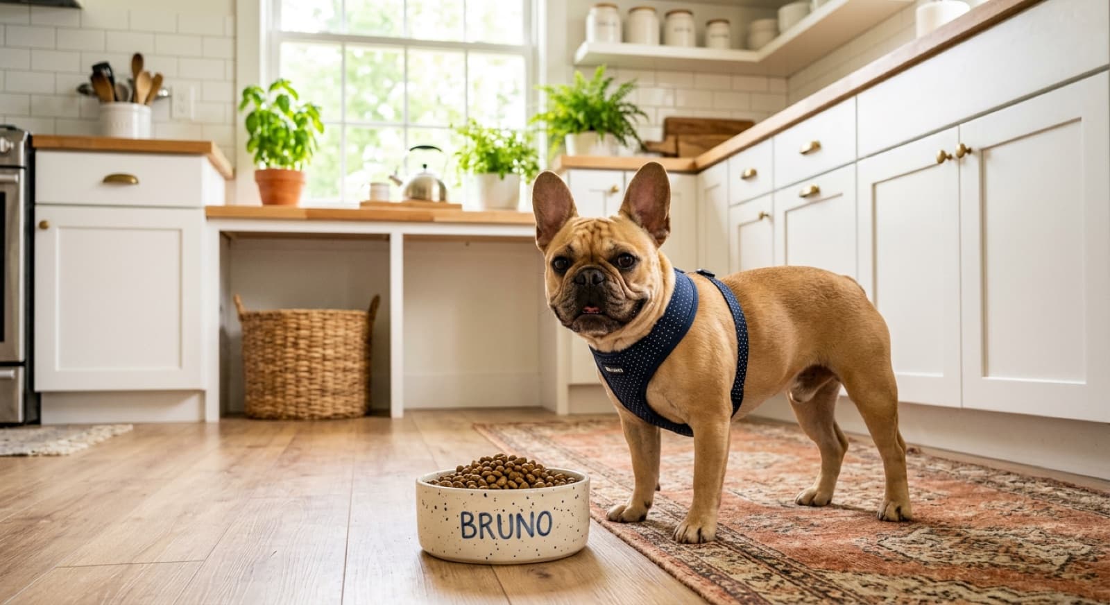 French Bulldog standing beside a bowl of food in a bright home kitchen